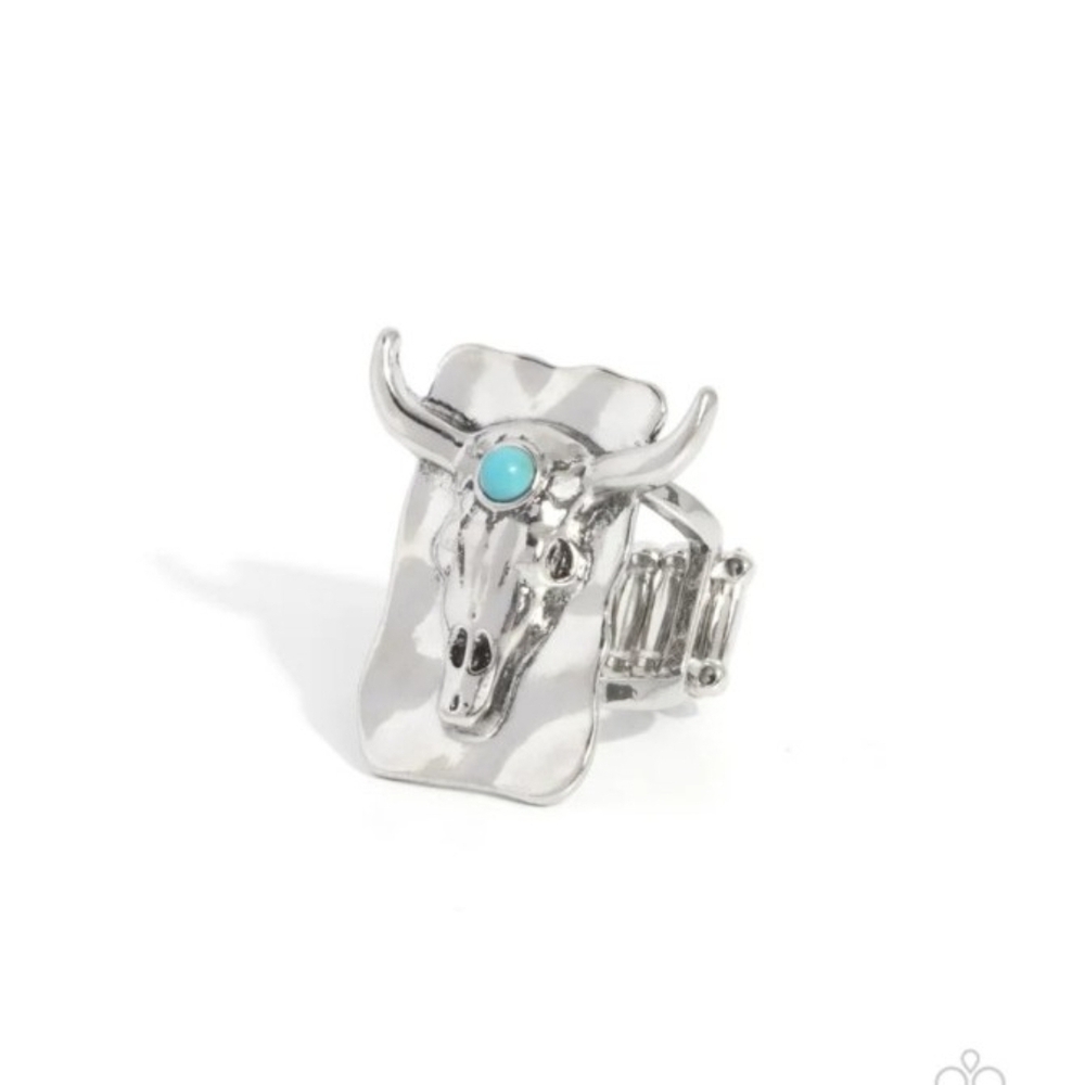Paparazzi Silver Bull Skull Ring with Turquoise Detail Continual Chic Blue